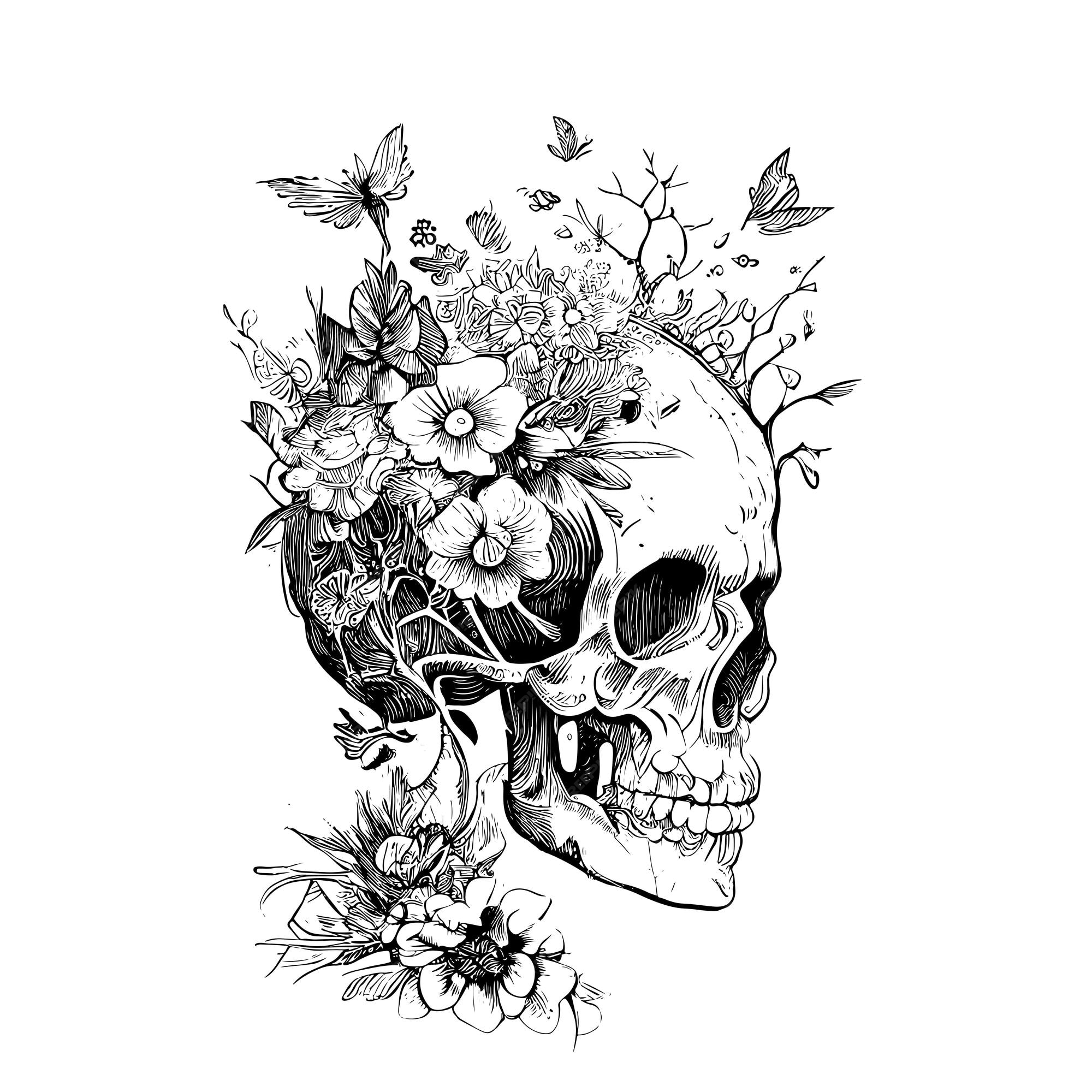 A Drawing Of A Skull With Flowers And Butterflies On It S Head Is Shown