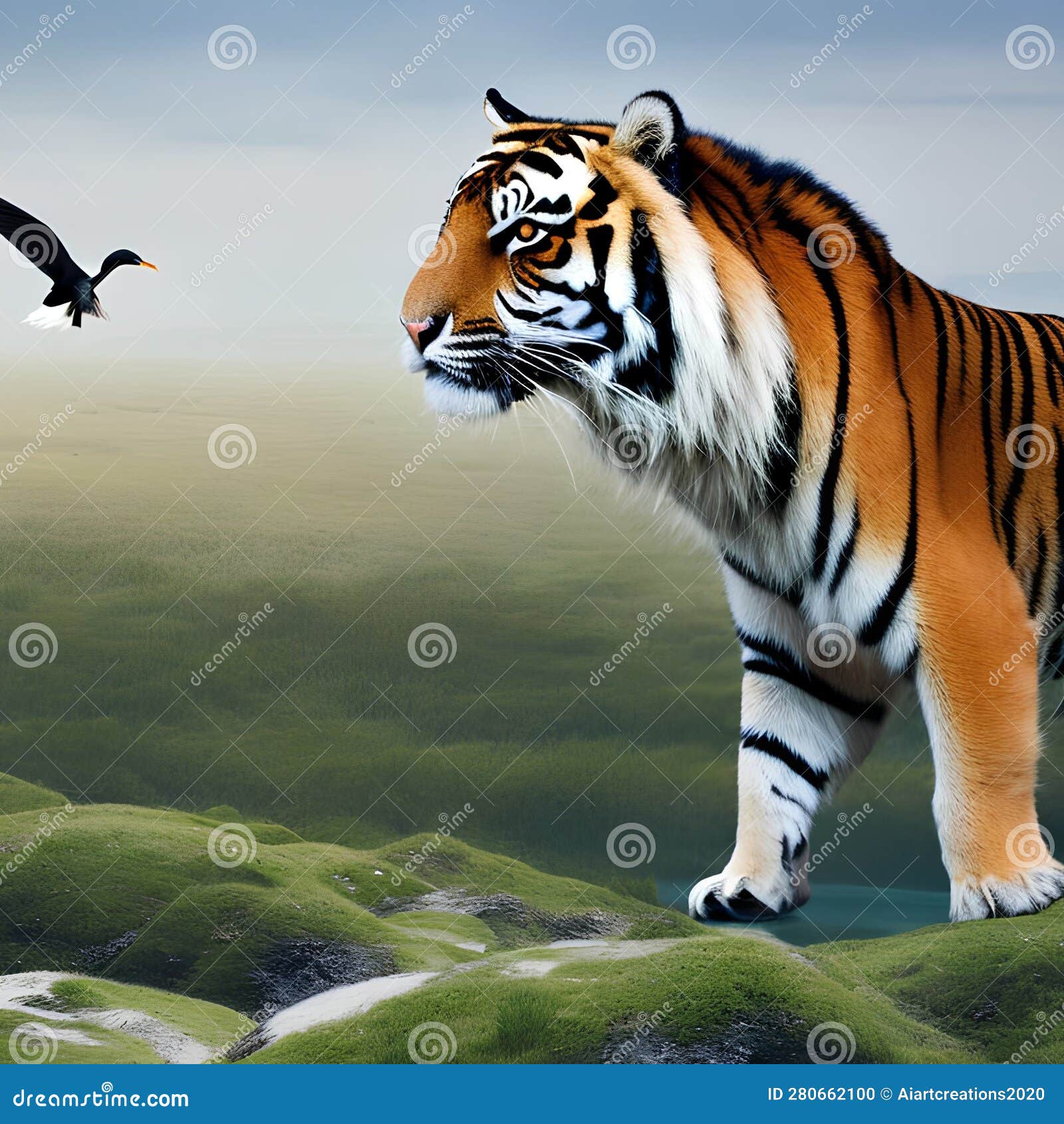 A Fantastical Combination Of A Tiger And A Bird With Striped Fur And Majestic Wings Prowling