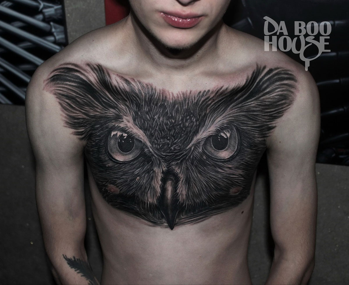 Owl Portrait On Guy Amp 39 S Chest