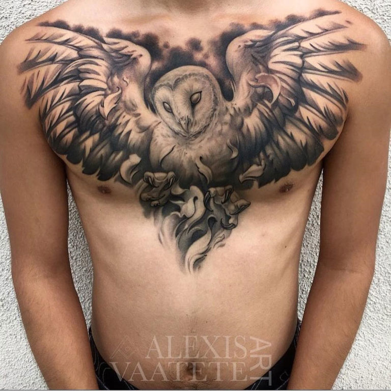 Owl With Wings Spread Mens Chest Tattoo