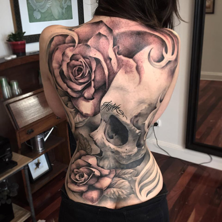 Skull With Roses Tattoo For Girls