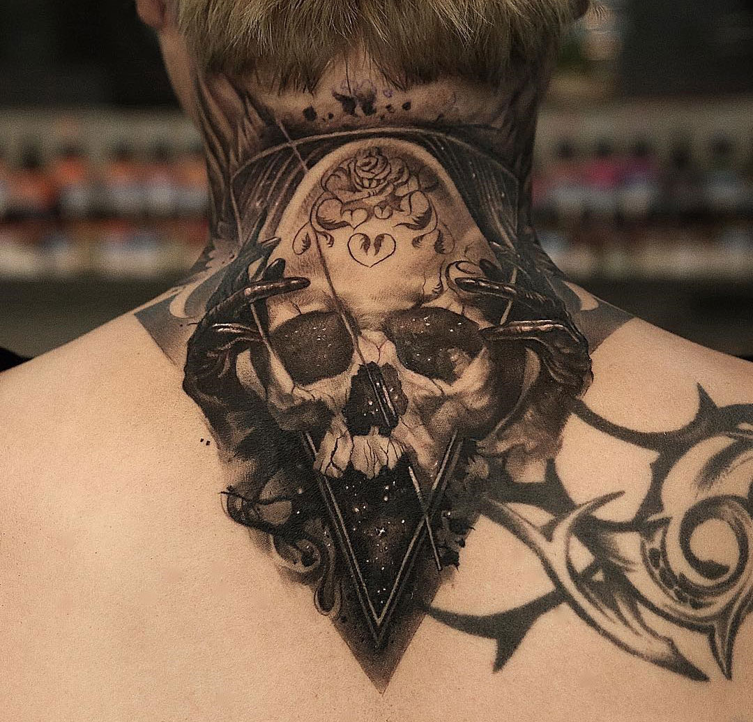 Stunning Space Skull Tattoo On Neck